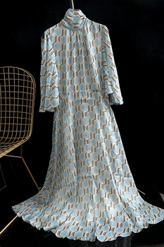 Deivės Ventiliatorius Elegantiškas Pusiau aukštos Apykaklės Geometrinis Spausdinimo Aukso Šilkas Mulberry Šilko Suknelė, Švelnus Stiliaus Šilko Suknelė Vasarai
