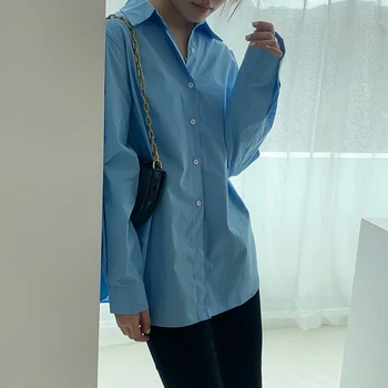 Derliaus Laisvas Ilgas Palaidinė Moterų 2020 M. Rudenį Atsitiktinis Chic Streetwear Mygtuką Ilgomis Rankovėmis Marškinėliai Korėjos Stiliaus Mėlyna Violetinė Cardigan