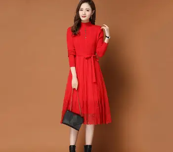 Diržas Mezgimas nėriniai moteris mezgimo suknelė, 5 spalvų office lady temperamentas Kelio ilgio suknelė nėrinių Megztinis Pavasarį, Rudenį raudona suknelė