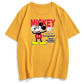 Disney Elegantiškos Mados Mickey Mouse Laišką Animacinių Filmų Spausdinimo O-Neck Tee Porų Vienodų Moterų Marškinėliai Medvilnės Trumpomis Rankovėmis Viršūnes 10 Spalvų
