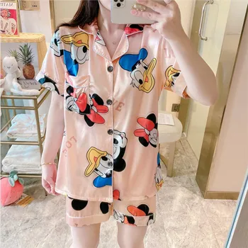 Disney Mickey Minnie ledo šilko pižama moterų šilko seksualus plonas skirsnio mielas trumparankoviai atvartas cardigan ponios namuose paslaugų kostiumas