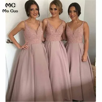 Elegantiškas 2019-Line Vestuvės Dress Bridesmaid Dresses su Užkarpomis V-Kaklo Tarnaitė Honer Ilgai Bridesmaid Suknelę moterims