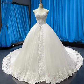 Elegantiškas Kamuolys Suknelė Balta Vestuvinė Suknelė 2021 Ilgai Traukinio Duobute Viršuje Reljefiniai Nėrinių Suknelė Eade Moterų Vestuvių Suknelė Nuotakos Brangioji