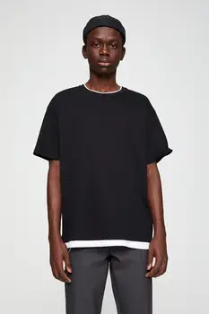 Erkek Siyah Çift Katlı Kenarlı Pagrindinis T-Shirt
