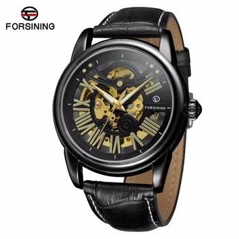 Forsining Black Bezel Retro Vyrų Automatinis Laikrodis Šviesos Rankas Į Viršų Prekės Prabanga Skeletas Riešo Žiūrėti Aukso Mechaniniai Laikrodžiai