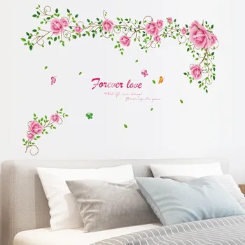 Gražus, Rožinės spalvos Gėlės Sienų Lipdukai Romantiškas TELEVIZIJOS Sofa Apdailos Kūrybos Sienos Lipdukai PVC Vinilo Meno Tapetai Nuimamas