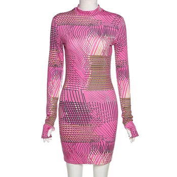 Hirigin Mados Rožinė Spausdinti ilgomis Rankovėmis Bodycon Mini Suknelė Moterų Žiemos 2020 M Sexy Gimtadienio Klubas Suknelės 2020 m.