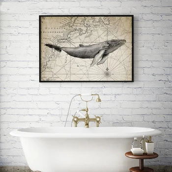 Humpback Whale Tapyba Ant Žemėlapio Fone Spausdinti Derliaus Plakatas Drobė Spausdinama Nuotrauka Vonios Sienelės Meno Dekoro