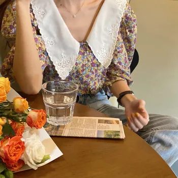 Hzirip Retro Gėlių Saldus Šifono Ponios Elegantiškas 2020 Švelnus Siuvinėjimo Lėlės Apykaklės Burbulas Rankovės Mados Korėjos Atsitiktinis Marškinėliai
