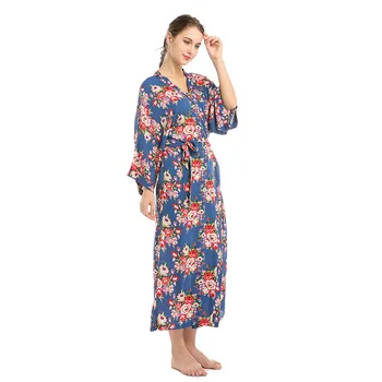 Ilgai Femal Spausdinti Gėlių Skraiste Atsitiktinis Medvilnės Chalatas Kimono Suknelė Naktiniai Drabužiai Mėlyna Sleepwear Intymus Apatinis Trikotažas Moterims, Namų Drabužių