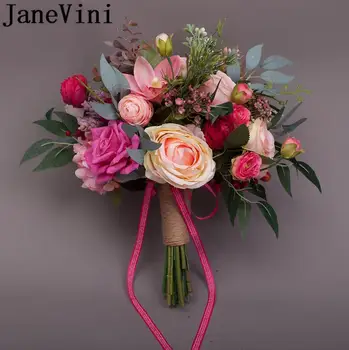 JaneVini 2019 Rausvos Gėlės, Dirbtinės Nuotakos Puokštės Vintage Rose Raudona Lapų Vestuvių Sagė Nuotakos Rankos Turėtojas Bouquet De Mariage