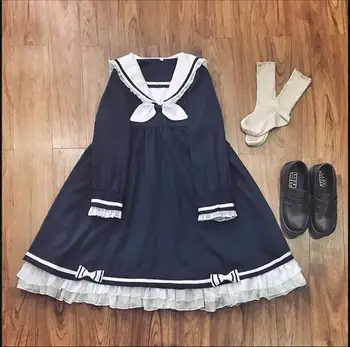 Japonijos Kolegijos stilius saldus lolita suknelė retro nėrinių bowknot karinio jūrų laivyno apykaklės viktorijos suknelė kawaii girl gothic lolita op loli cos
