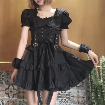 Japonijos Moterų, Black, Gothic Lolita Dress Viktorijos Renesanso Retro Chic Punk Stiliaus Sluoksniuotos Rankovėmis Tvarstis Mini Suknelė Mergina Suknelės