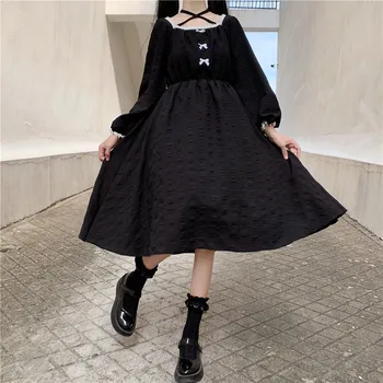 Japonijos Rudenį Kolegijos Stilius Naujų Moteris Kontrastas Suknelė Saldus Aikštėje Apykaklės Lankas Pasiūlymo Visiškai Rankovėmis Suknelė Prarasti Juodos Suknelės