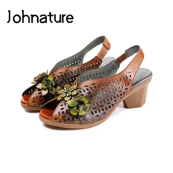 Johnature 2021 Natūralios Odos Naujas Vasaros Retro Gėlių Elastinės Juostos Atsitiktinis Nacionalinės Stiliaus Rankų Darbo Tuščiaviduriai Sandalai Moterims Batai