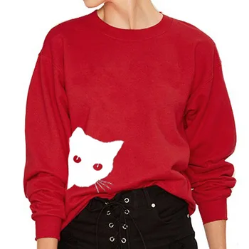 Karšto naujas Amerikietiško stiliaus animaciją kačių puloveris moteris palaidinukė ilgomis rankovėmis atsitiktinis plonas o-kaklo moterų palaidinukė plius dydis