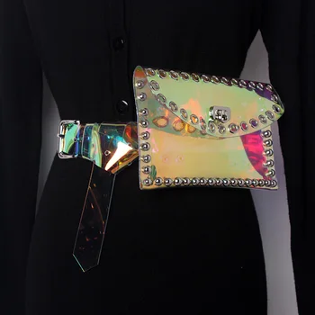 Karšto naujas Mados Punk Kniedės Vaivorykštė PVC Juosmens diržai su maišeliu apdailos Moterų laisvalaikio Mini Juosmens Pack Kelionės Diržo Piniginės
