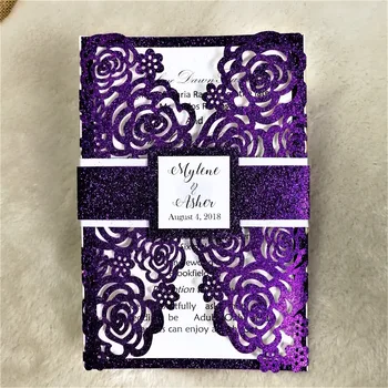 Karšto parduoti blizgučiai popieriaus pjovimas lazeriu rose dizaino vestuvinis kvietimas kortelės su juosta ir atspausdintas vidinis popieriaus