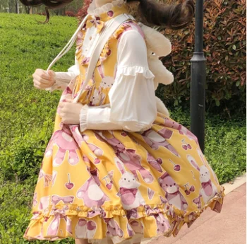 Kawaii girl op loli cos Saldus lolita suknelė retro falbala stovėti bowknot mielas spausdinimo aukšto juosmens netikrą dviejų dalių viktorijos suknelė
