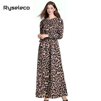Kilimo ir tūpimo tako Moterų Mados Chic Rudenį Leopardas Spaudiniai Visą Rankovės Ilgos Suknelės OLIS Paplūdimio BOHO Maxi Elegantiškas Atsitiktinis Palaidų X-ilga Suknelė XL