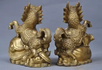 Kinija Fengshui žalvario turto moneybag RuYi Kirin Vienaragis Kylin Žvėris statula pora