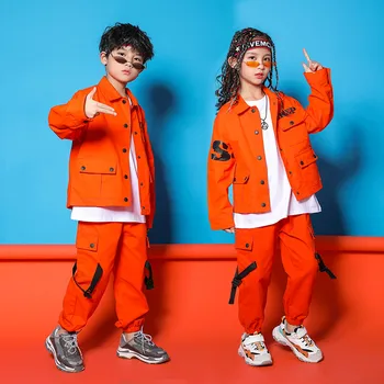 Kišeniniai Kelnės Berniukams Džiazo Kostiumai Orange Įrankiai Gatvės Šokių Drabužius Hip-Hop Šokių Nustatyti Etape Dancewear Vaikams 4-18T