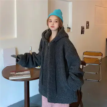 Korėjos Hoodie Moterų megztinis Rudenį, Žiemą vientisos Spalvos ilgomis Rankovėmis Pusė Užtrauktukas Dirbtiniais Fleece series Hoodie толстовка 2021