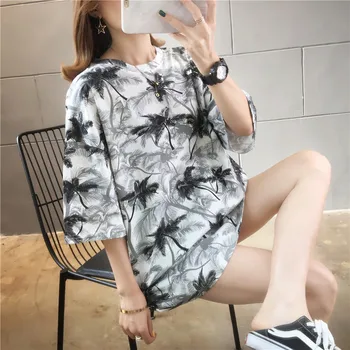 Korėjos Mergina T-Shirt Ilgai Atsitiktinis Hip-Hop Stilius, T-Marškinėliai Trumpomis Rankovėmis Apvalios Kaklo Prarasti Kokoso Miško Spausdinti Ilgas Megztinis Tunika Viršų