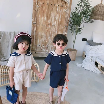 Korėjos Stiliaus Sailor Mergaičių Drabužių Rinkiniai Berniukų Drabužiai, Kostiumai 2019 M. Vasaros Vaikų Drabužiai, marškinėliai+Šortai 2vnt Lino Rinkiniai