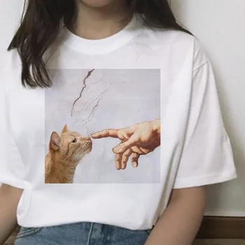 Kuakuayu HJN Moteris Katė Mikelandželas Dievų Touch Juokinga T-Shirt Tumblr Retro Stiliaus Mielas Grafinis Tee Meme Marškinėliai Kačių Mėgėjams