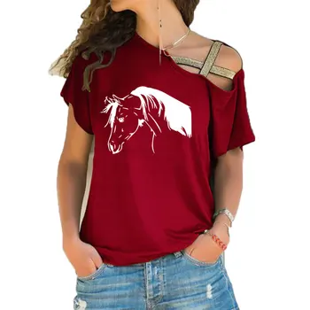 Kūrybos Arklių Juokingi Marškinėliai Moterims Vasaros Gyvūnų Meno trumpomis Rankovėmis T-Shirt Mergina Nereguliarus Nerijos Kryžiaus Tvarstis Topai marškinėliai