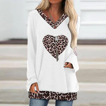 Leopard Širdies Spausdinti Moteris Tshirts V-kaklo, ilgomis Rankovėmis Megztinis Viršuje T-shirt Camisetas De Mujer Plius Dydis Marškinėliai Moteriška
