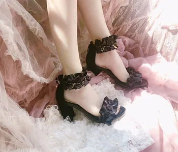 Lolita tamsus juodas elegantiškas moterų sandalai vasarą aukšto kulno saldus lolita batai kawaii girl apvalios galvos gotikos seklių burną