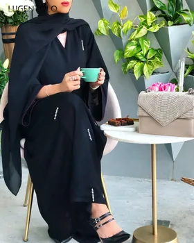 Lugentolo Moteris Ilga Suknelė Mados Musulmonų Vasaros ilgomis Rankovėmis Dubajus Zawalcowany Islamo Elegantiškas Megztinis V-kaklo Lady Maxi Suknelės