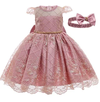 LZH Vaikiškų Drabužių 2021 Naujų Vaikiškų Suknelių Elegantiškas Nėrinių Suknelė Bowknot Princesė Dress Brithday Vestuvės Dress+galvos Apdangalai