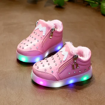Mados atsitiktinis vaikų mergaičių batai žiemą šiltas pliušinis batai butas kulniukai animacinių filmų kristalų užtrauktukas vaikus mergina led šviesos batai flash 12