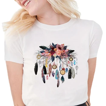 Mados Dream Catcher T marškinėliai Moterims Plunksnų Grafinis Tees Harajuku Atsitiktinis Minkštos Medvilnės Baltas Viršūnes