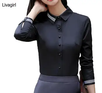 Mados moterų drabužių medvilnės ilgomis rankovėmis marškinėliai 2018 Naujų rudens juoda slim palaidinė office ponios verslo plus size oficialų viršūnės