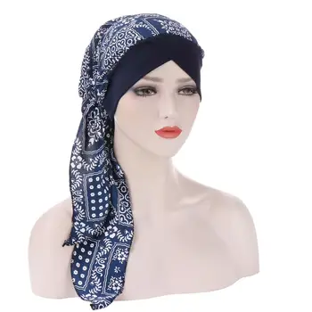 Mados Musulmonų Ilga Uodega Turbaną Kepurės Moterims Kaktos Kryžiaus Skarelė Variklio Dangčio Musulman Femme Lankelis Rait Šifono Hijab Bžūp