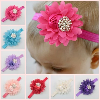 Mados Naujagimių Šifono Gėlių ekrano užsklandą su Pearl Lydinio Mygtuką Kūdikių Mergaičių Satino Rožių galvos Apdangalai, Vaikų Hairband