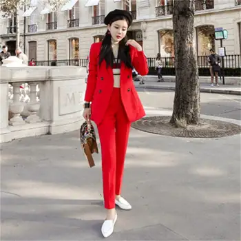 Mados raudonos spalvos kostiumas kostiumas moterų pavasarį Naują OLIS profesinės temperamentas dvieiliai kūno kostiumas striukė pieštuku kelnės kostiumas moterims
