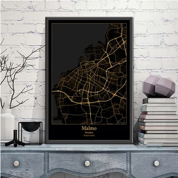 Malmė, Švedija Black&Gold Miesto Šviesos Žemėlapiai Užsakymą Pasaulio Miesto Žemėlapį, Plakatai, Drobė Spausdina Šiaurės Stiliaus Sienos Menas Namų Dekoro