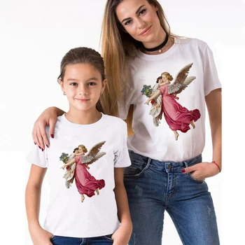Mamytė ir Man Drabužius Angelas Mados Marškinėliai Kawaii Print T-shirt Šeima Atrodo Ullzang Marškinėlius Harajuku Viršuje Tees Baby Girl Drabužiai