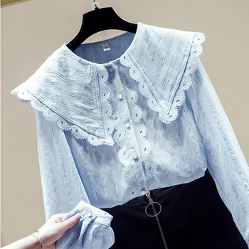 Marškinėliai Moteriška Nišą korėjos Japonija Stiliaus Peter Pan Apykaklės Nėrinių ilgomis rankovėmis Šifono Palaidinė 2020 Naujų Rudens Moteris Viršuje GX1428