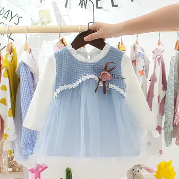 Mielas kūdikis mergaitės vaikų rudens drabužių princesė gėlių ant vientisas ilgomis rankovėmis pavasario suknelės