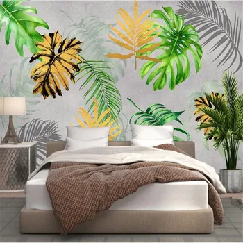 Milofi didelis tapetai, freskos modernus minimalistinio abstrakčiai paauksuota atogrąžų žaliųjų augalų monstera, švieži, TV foną sienos
