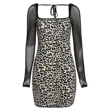 Moterims Seksualus Akių Ilgomis Rankovėmis Kratinys Bodycon Mini Suknelė Kvadratinių Kaklo Kaklaraištis Atgal Leopardas Spausdinti Aksomo Briaunoti Šalies Clubwear