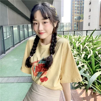 Moteriški marškinėliai medvilnės kawaii girl minkštas mielas Japonijos šviežių geltonos pomidorų peach spausdinimo trumparankoviai marškinėliai ins moteriška palaidinė