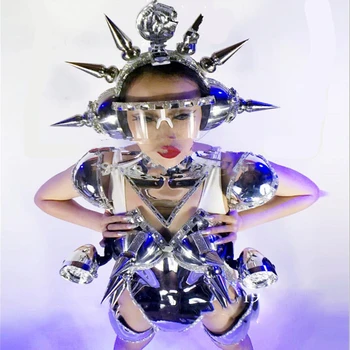 Moterys, Robotas Tiktų Naktinis klubas, baras Podiumo Rodo, Sexy Lady vakarinę Suknelę Sidabro spalvos Metalo Kostiumas Šokių kolektyvas Kosmoso LED Kostiumas
