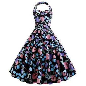 Moterų 1950 vintage suknelė kabo ant kaklo spausdinti kaklaraištis juosmens ilgis grand sijonas pokylių suknelė.